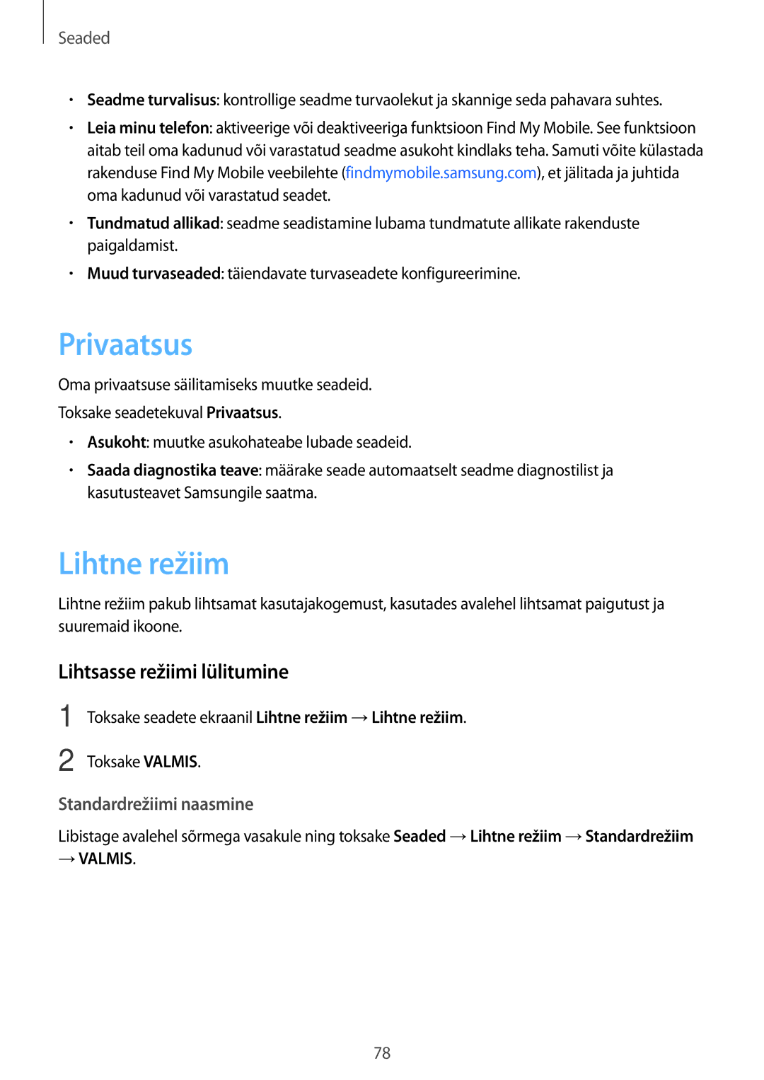 Samsung SM-J500FZWASEB manual Privaatsus, Lihtne režiim, Lihtsasse režiimi lülitumine 