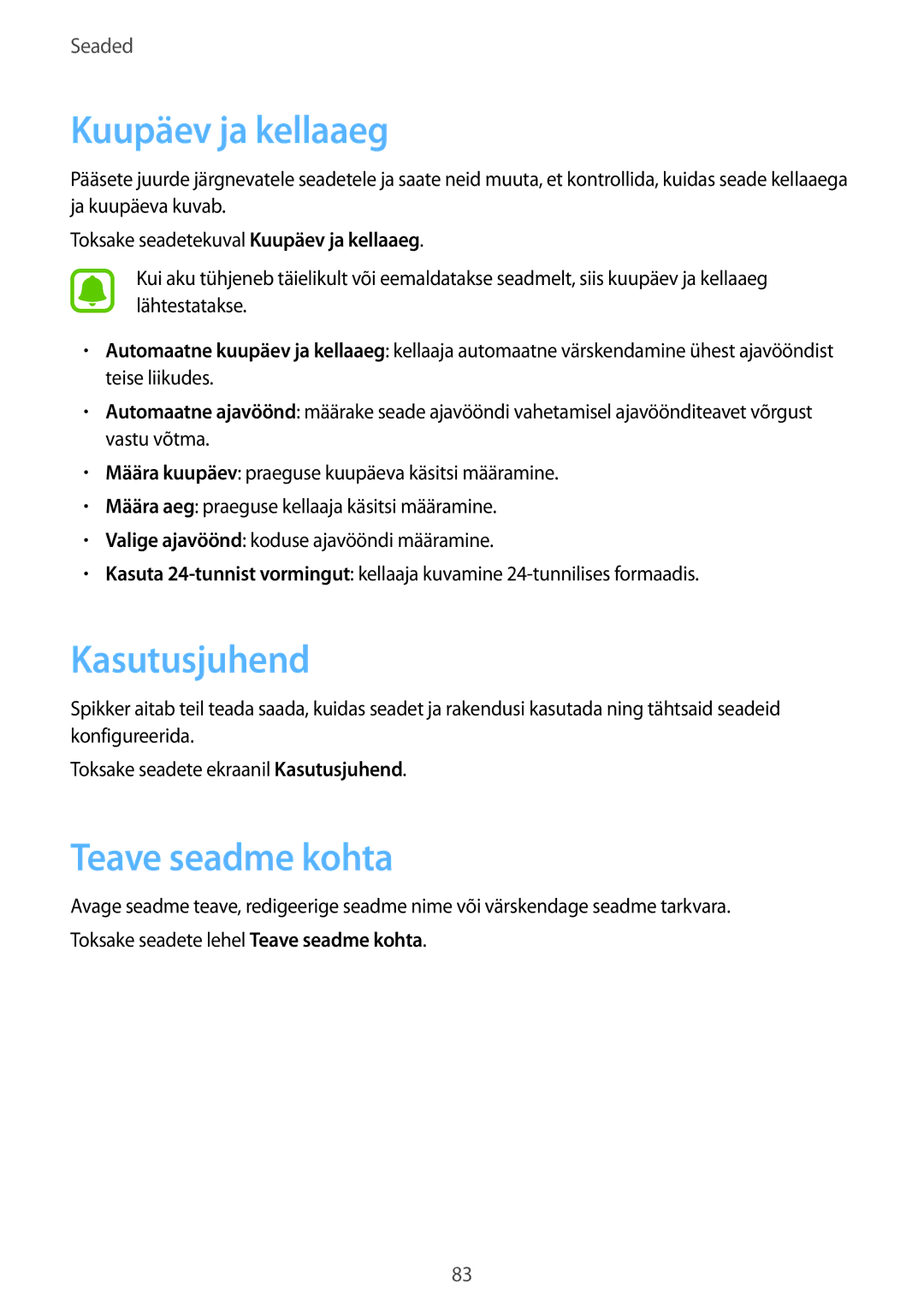 Samsung SM-J500FZWASEB manual Kuupäev ja kellaaeg, Kasutusjuhend, Teave seadme kohta 