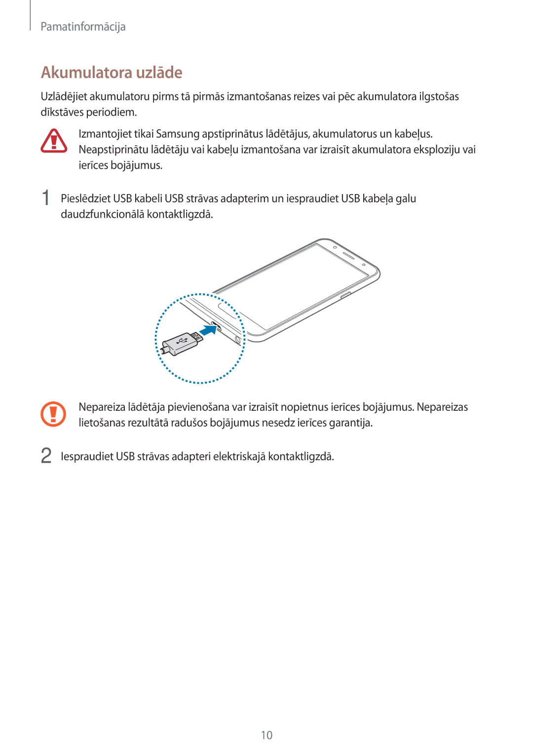 Samsung SM-J500FZWASEB manual Akumulatora uzlāde 