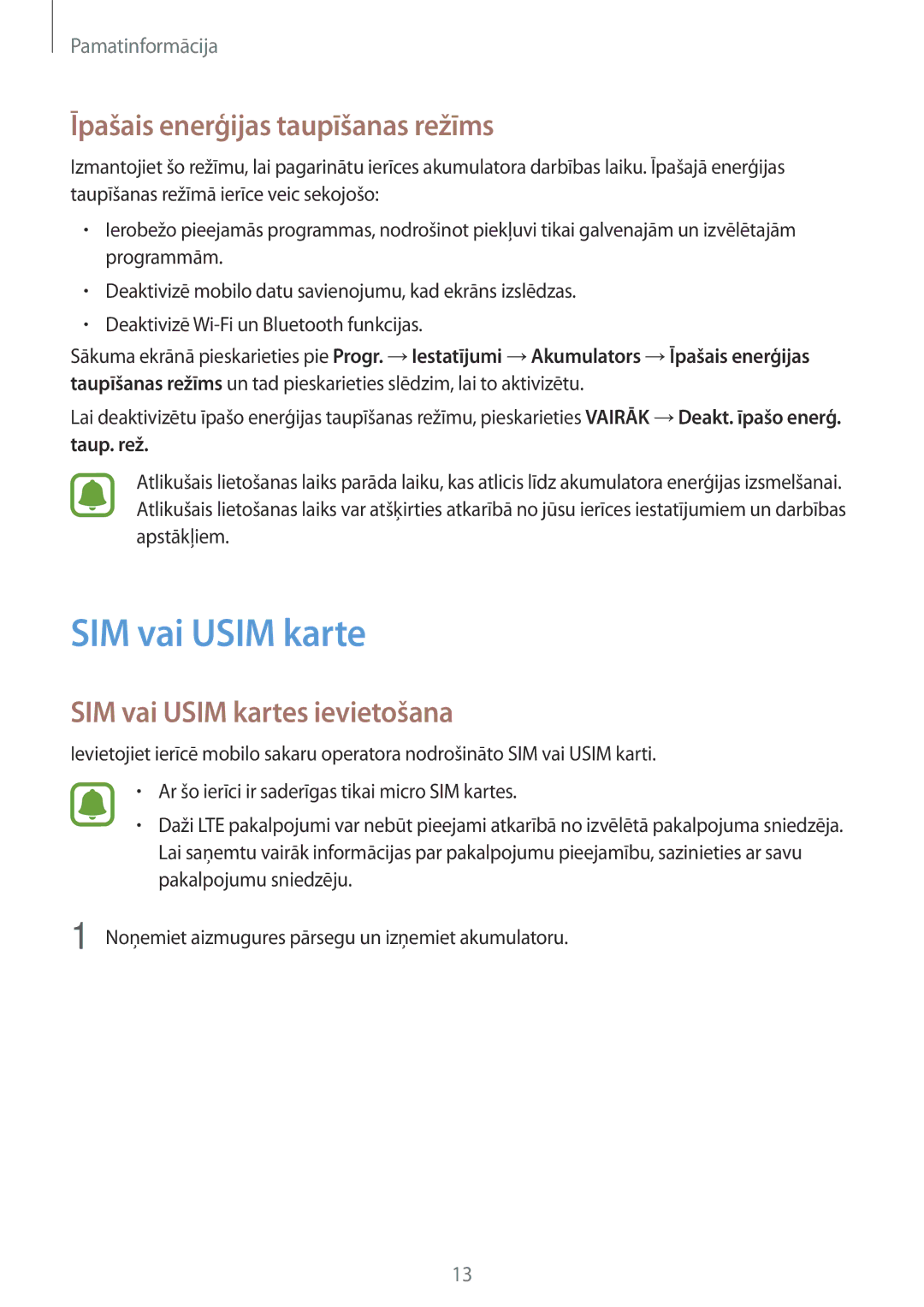 Samsung SM-J500FZWASEB manual Īpašais enerģijas taupīšanas režīms, SIM vai Usim kartes ievietošana 