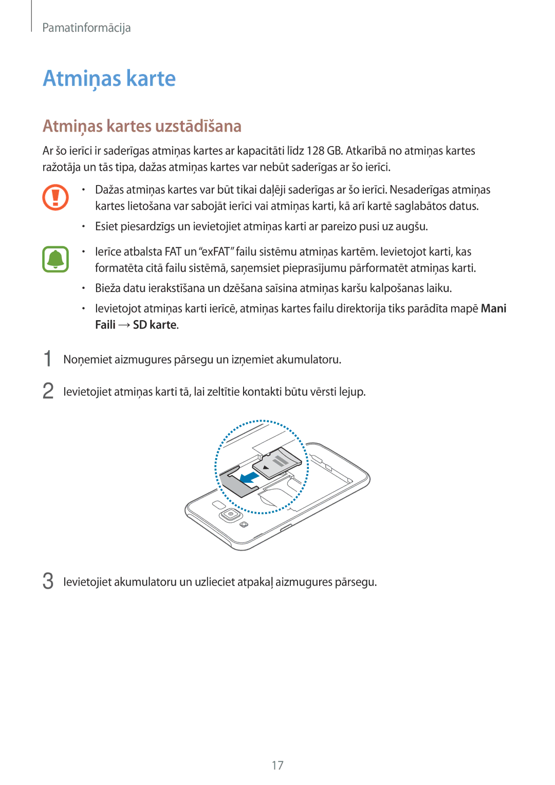 Samsung SM-J500FZWASEB manual Atmiņas kartes uzstādīšana 