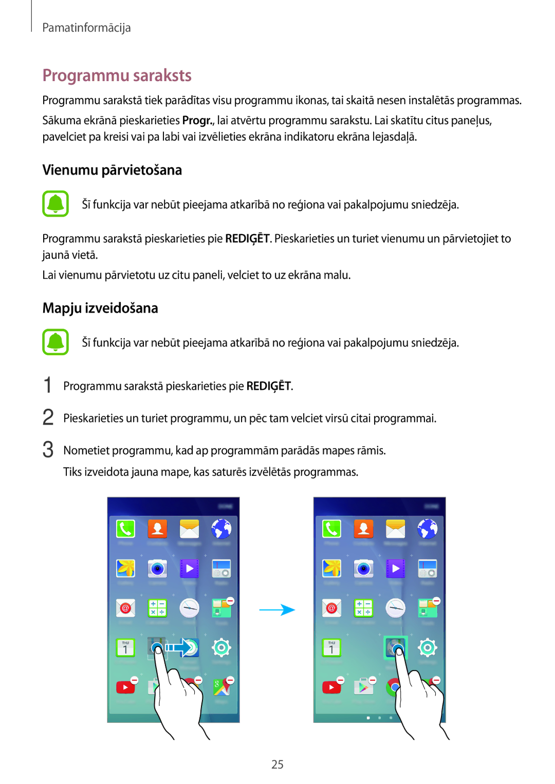 Samsung SM-J500FZWASEB manual Programmu saraksts, Vienumu pārvietošana 