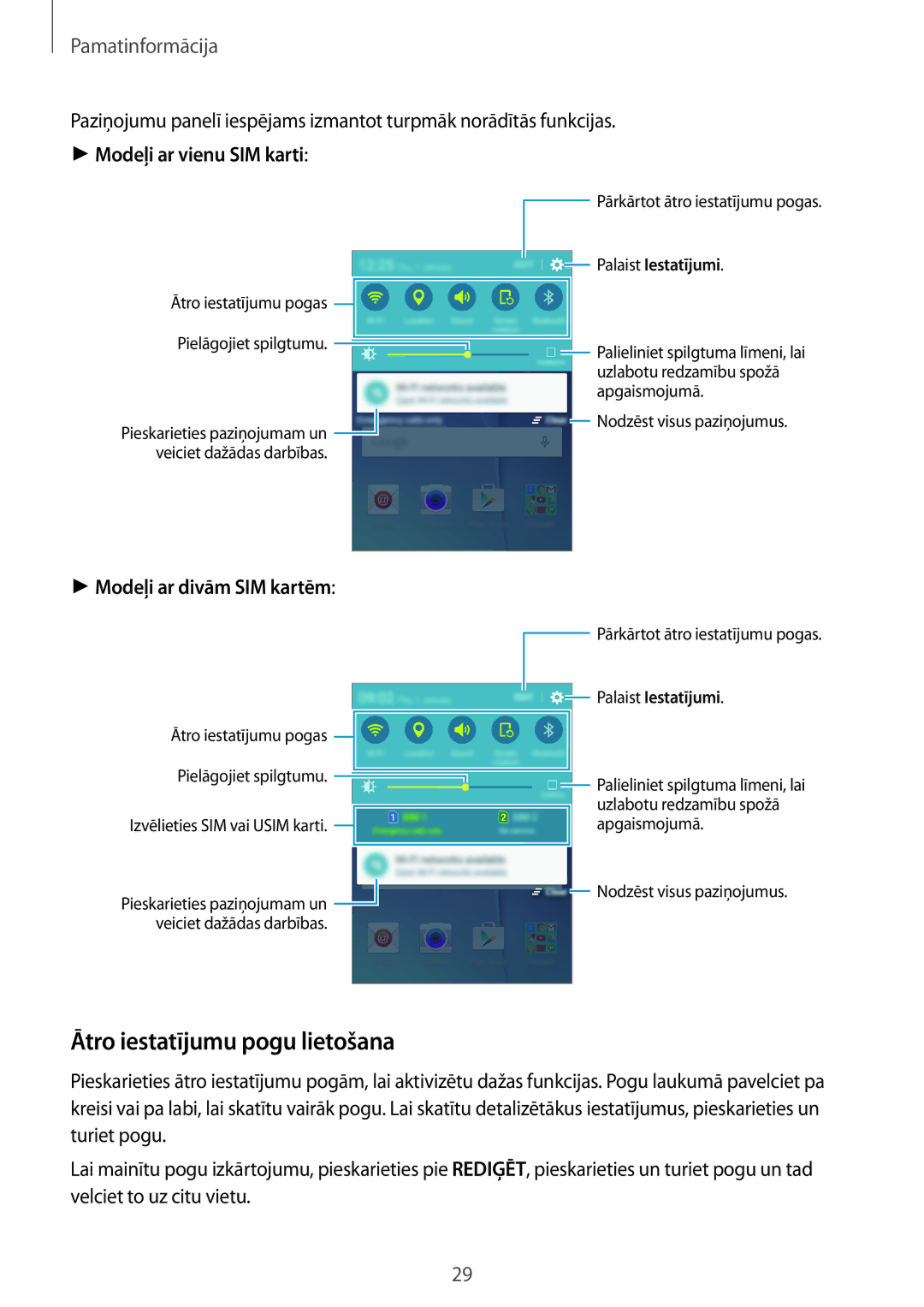 Samsung SM-J500FZWASEB manual Ātro iestatījumu pogu lietošana, Modeļi ar vienu SIM karti 