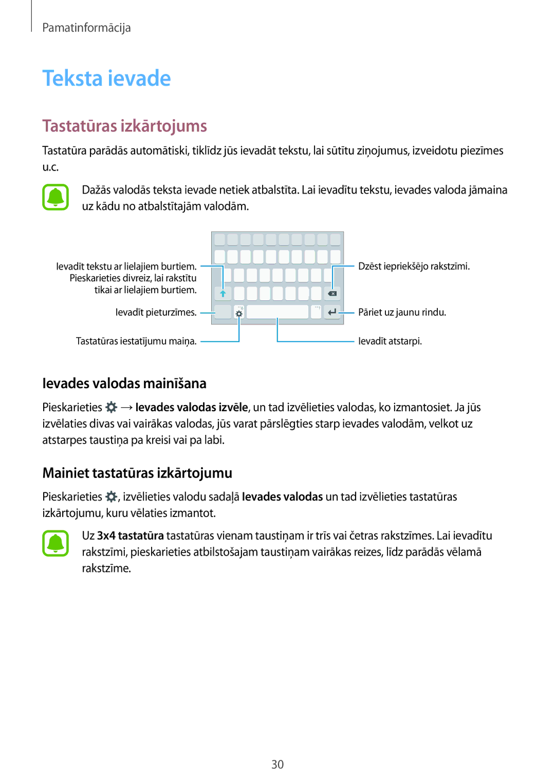 Samsung SM-J500FZWASEB Teksta ievade, Tastatūras izkārtojums, Ievades valodas mainīšana, Mainiet tastatūras izkārtojumu 