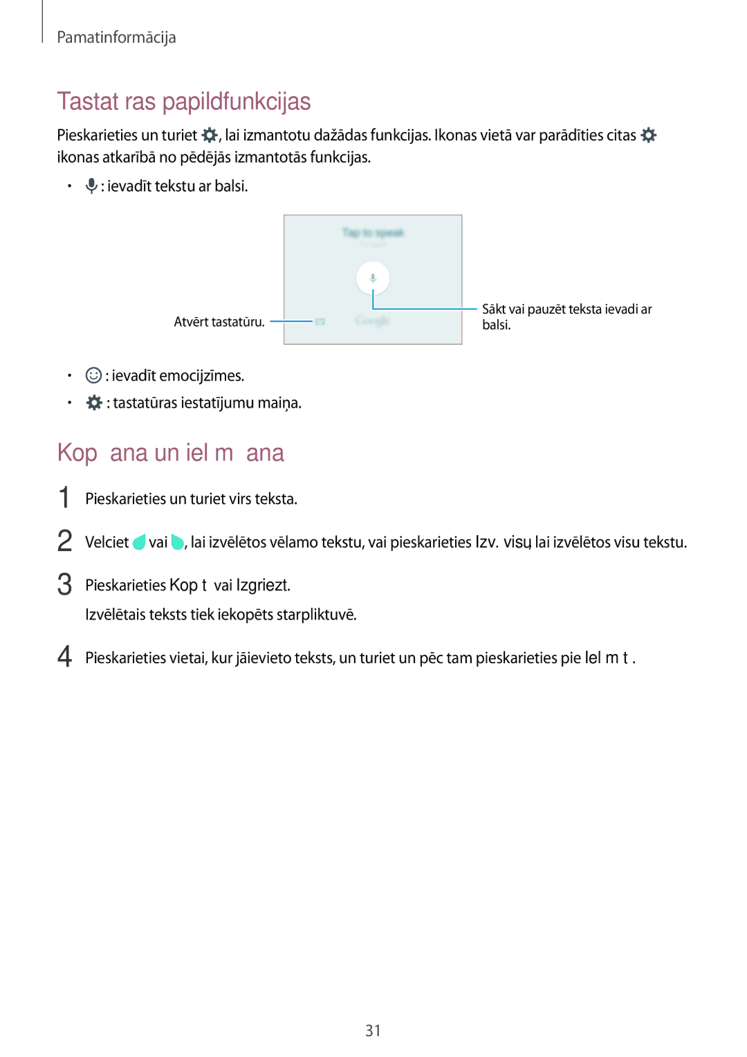 Samsung SM-J500FZWASEB manual Tastatūras papildfunkcijas, Kopēšana un ielīmēšana 