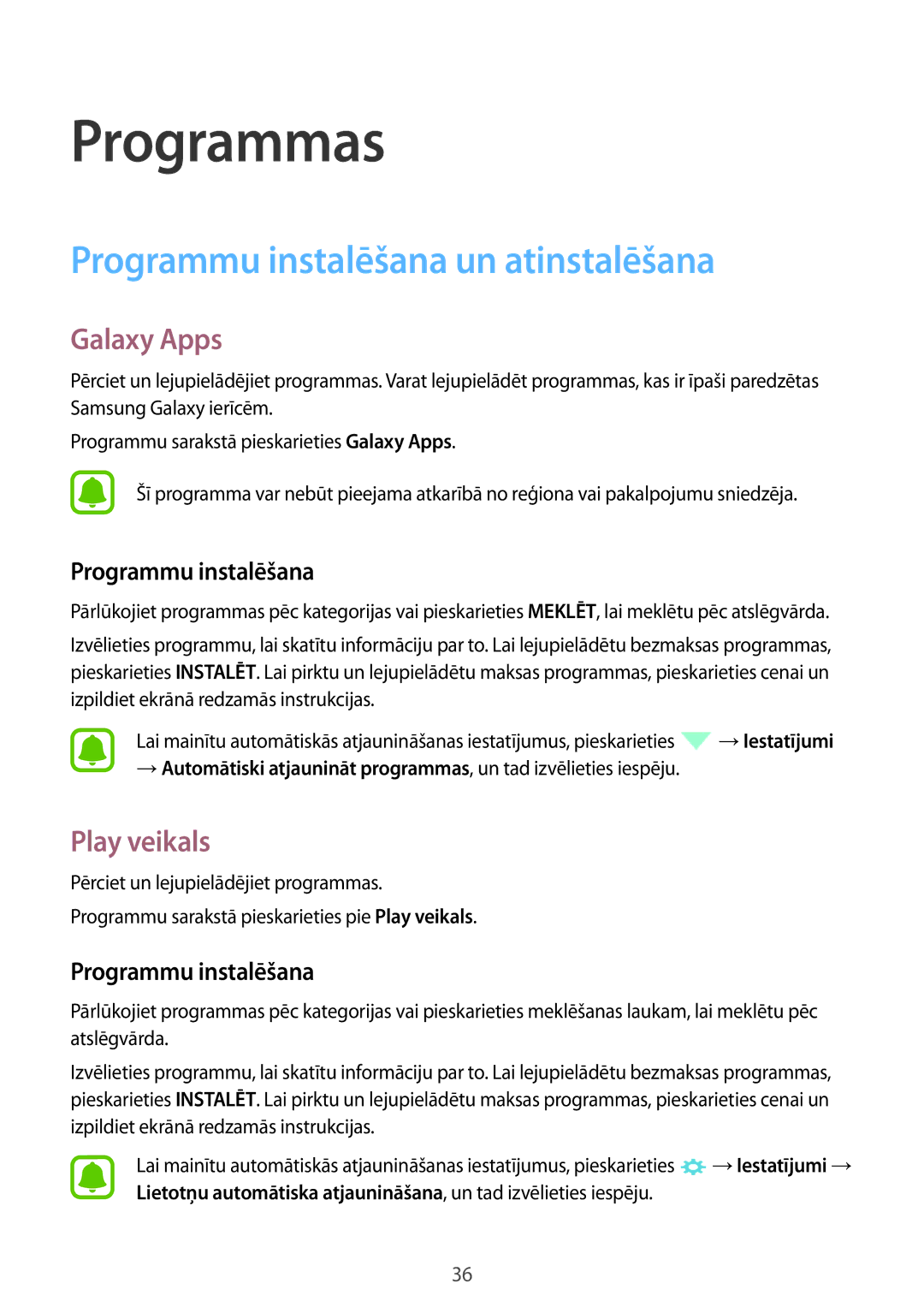 Samsung SM-J500FZWASEB manual Programmu instalēšana un atinstalēšana, Galaxy Apps, Play veikals 