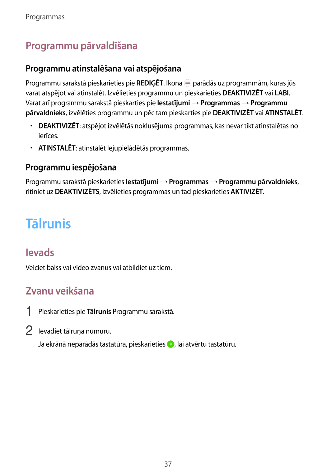 Samsung SM-J500FZWASEB manual Tālrunis, Programmu pārvaldīšana, Ievads, Zvanu veikšana 