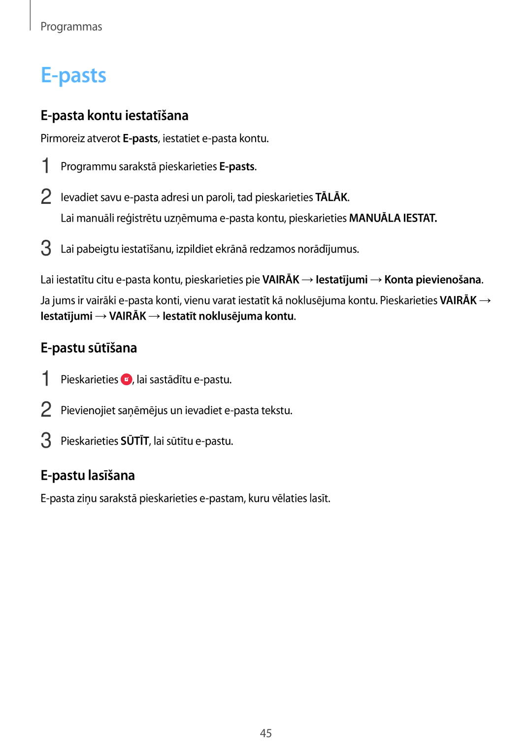 Samsung SM-J500FZWASEB manual Pasts, Pasta kontu iestatīšana, Pastu sūtīšana, Pastu lasīšana 