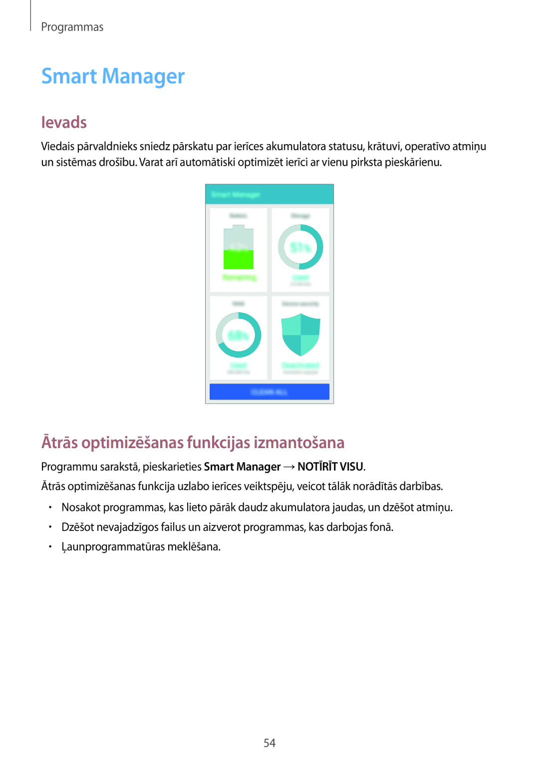 Samsung SM-J500FZWASEB manual Smart Manager, Ātrās optimizēšanas funkcijas izmantošana 