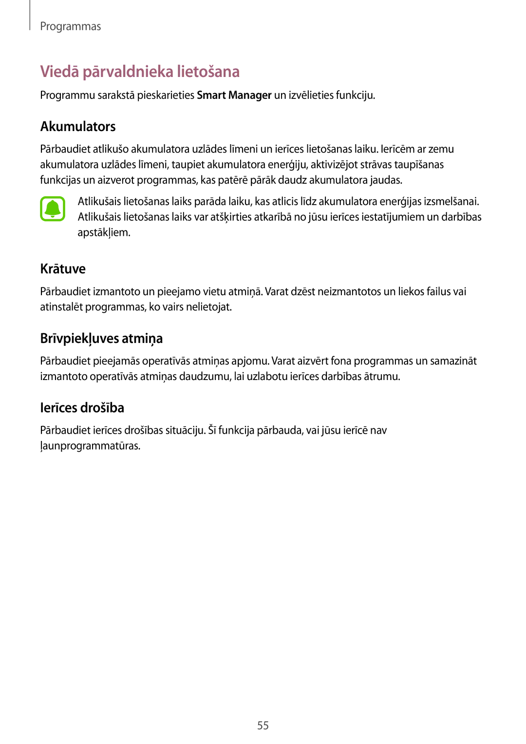 Samsung SM-J500FZWASEB manual Viedā pārvaldnieka lietošana, Akumulators, Krātuve, Brīvpiekļuves atmiņa, Ierīces drošība 
