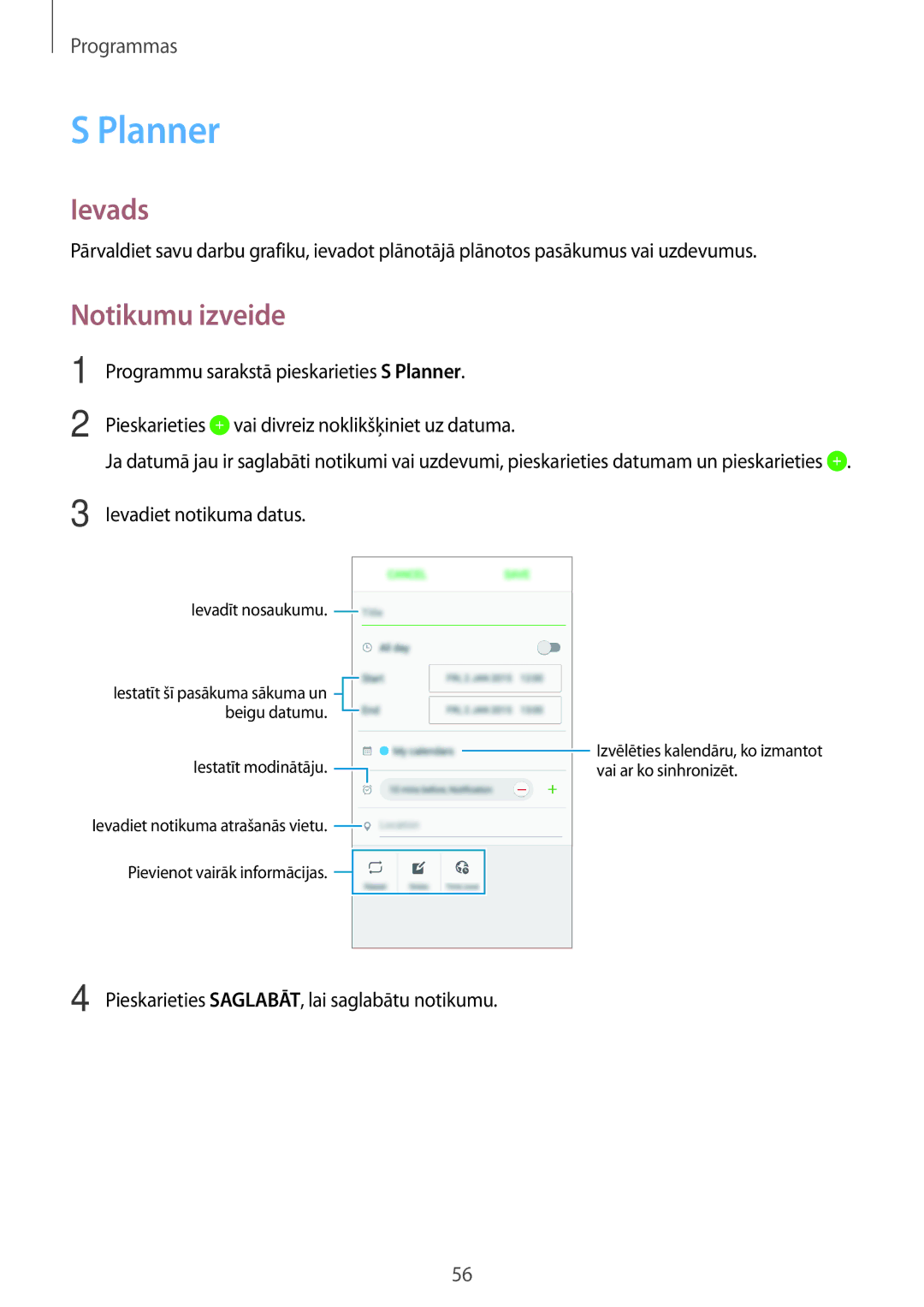 Samsung SM-J500FZWASEB manual Planner, Notikumu izveide 