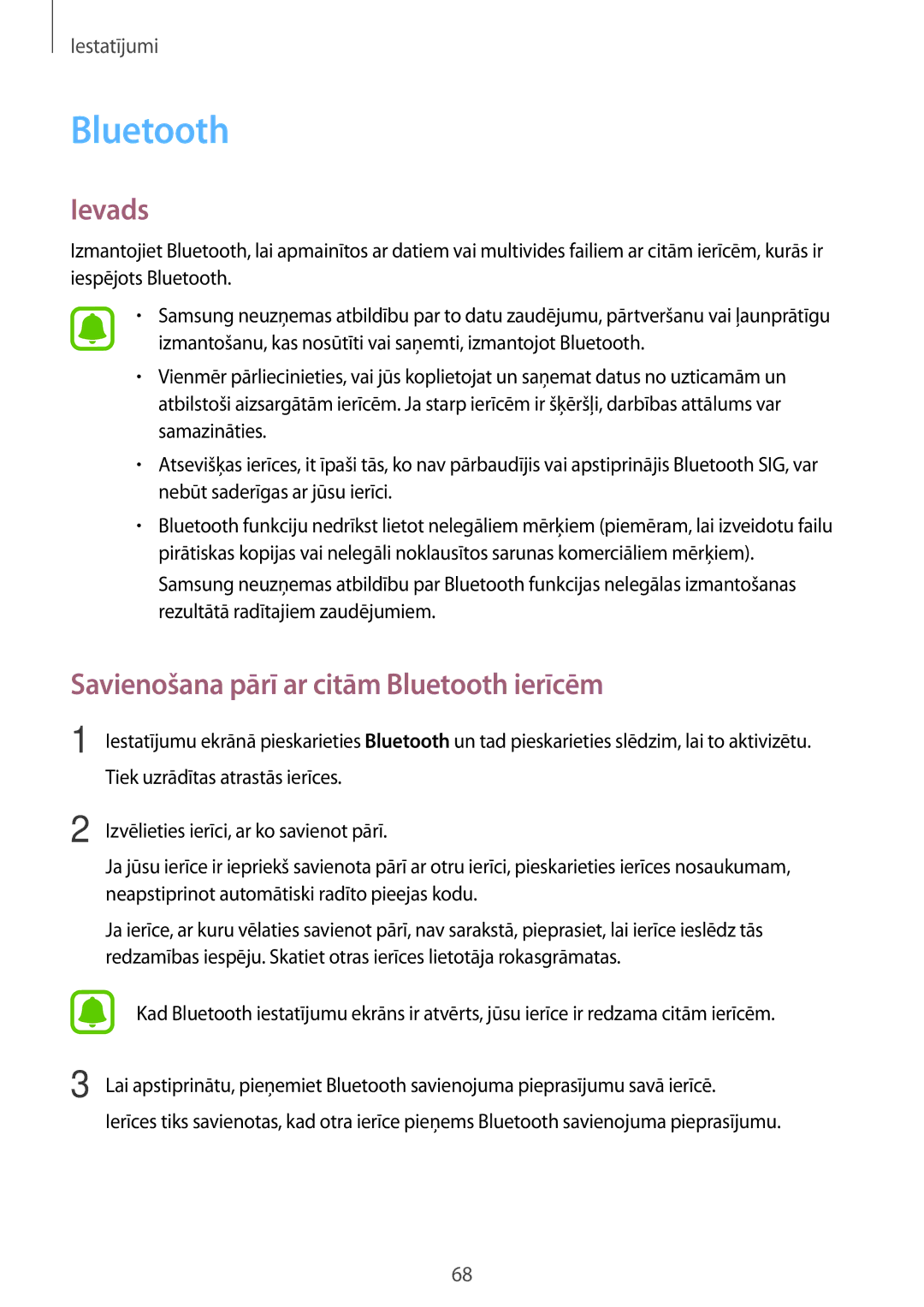 Samsung SM-J500FZWASEB manual Savienošana pārī ar citām Bluetooth ierīcēm 