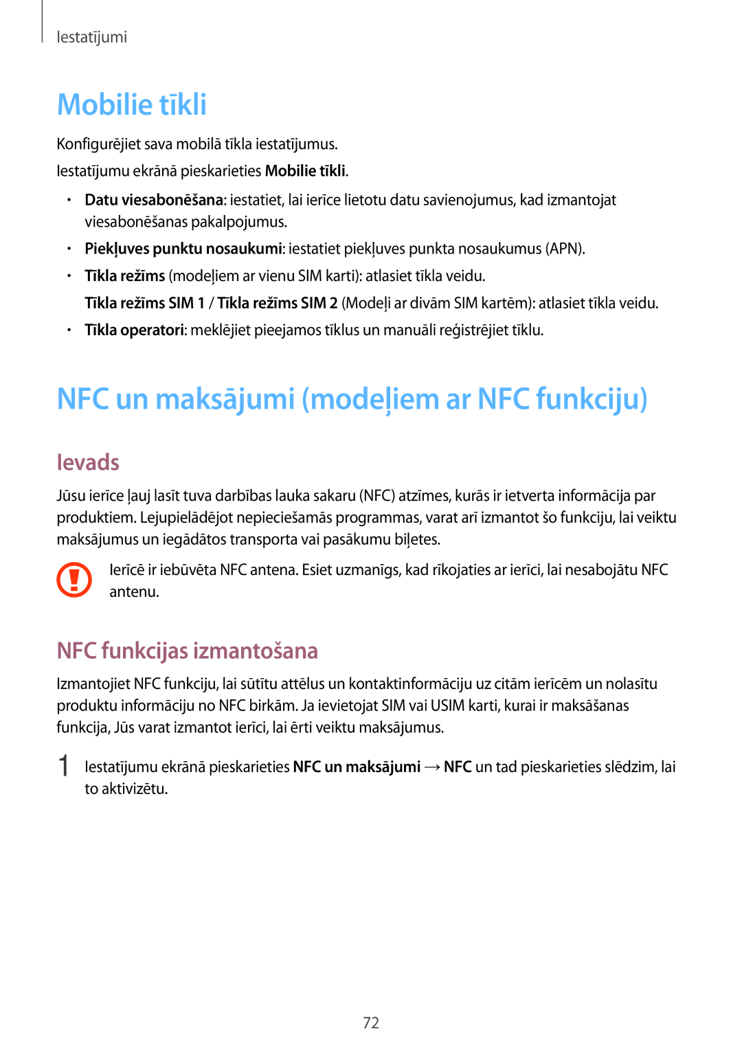 Samsung SM-J500FZWASEB manual Mobilie tīkli, NFC funkcijas izmantošana 