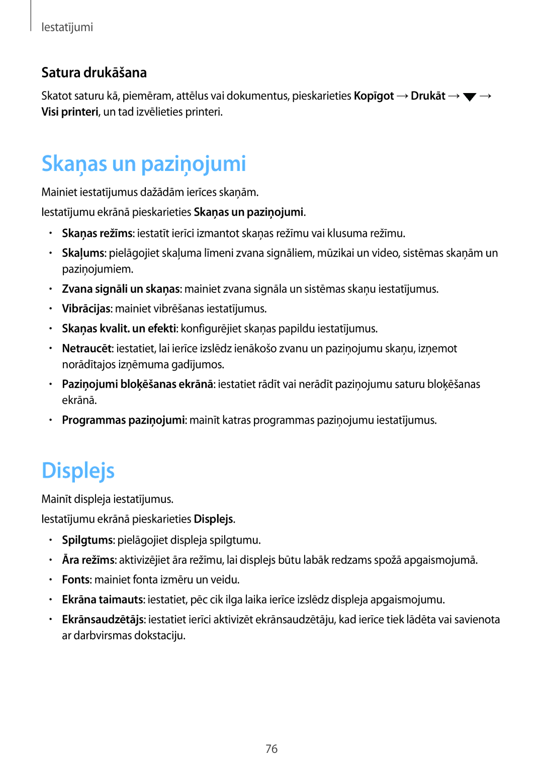 Samsung SM-J500FZWASEB manual Skaņas un paziņojumi, Displejs, Satura drukāšana 