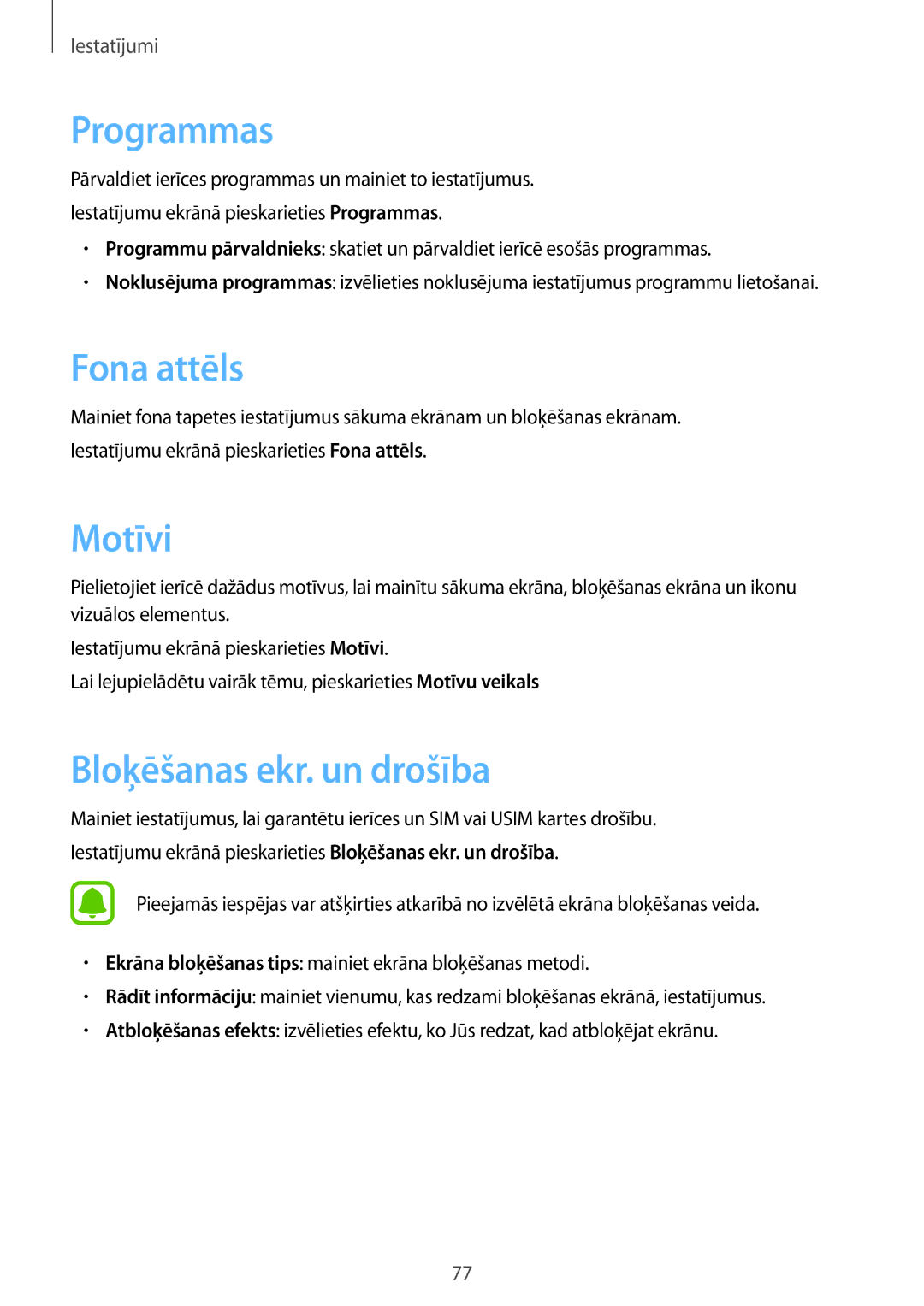 Samsung SM-J500FZWASEB manual Programmas, Fona attēls, Motīvi, Bloķēšanas ekr. un drošība 