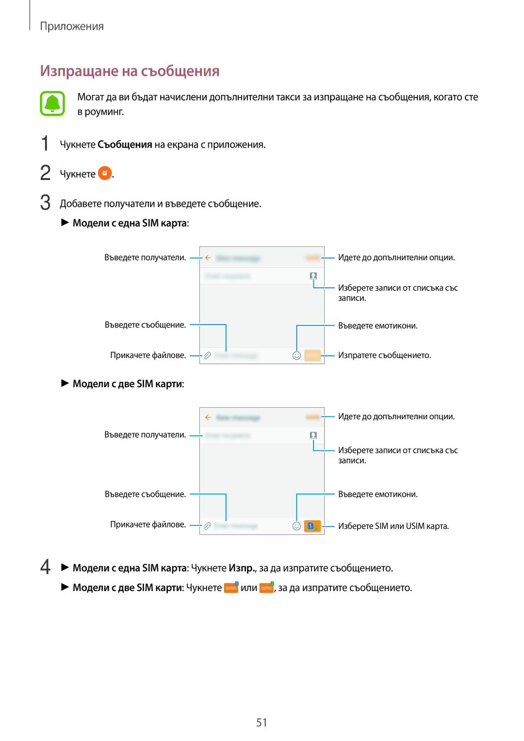 Samsung SM-J500FZKDROM, SM-J500FZWDROM, SM-J500FZDABGL, SM-J500FZDDROM manual Изпращане на съобщения, Модели с една SIM карта 