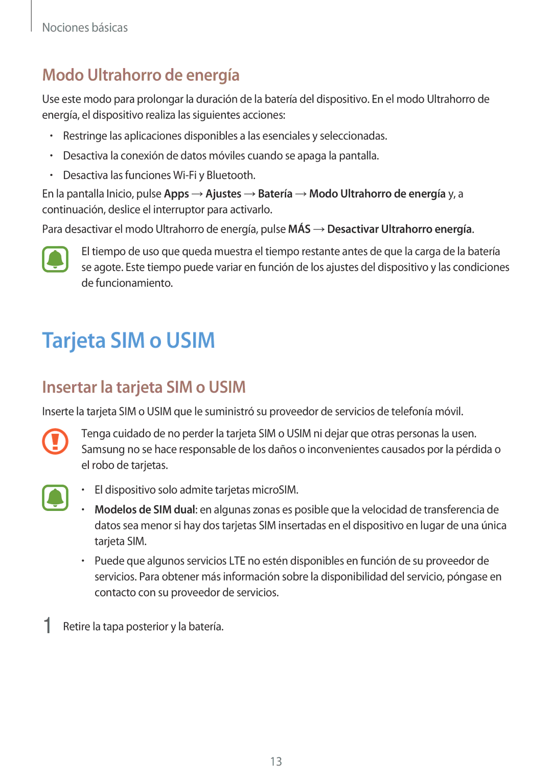 Samsung SM-J500FZDDTPH, SM-J500FZWDTPH manual Tarjeta SIM o Usim, Modo Ultrahorro de energía, Insertar la tarjeta SIM o Usim 