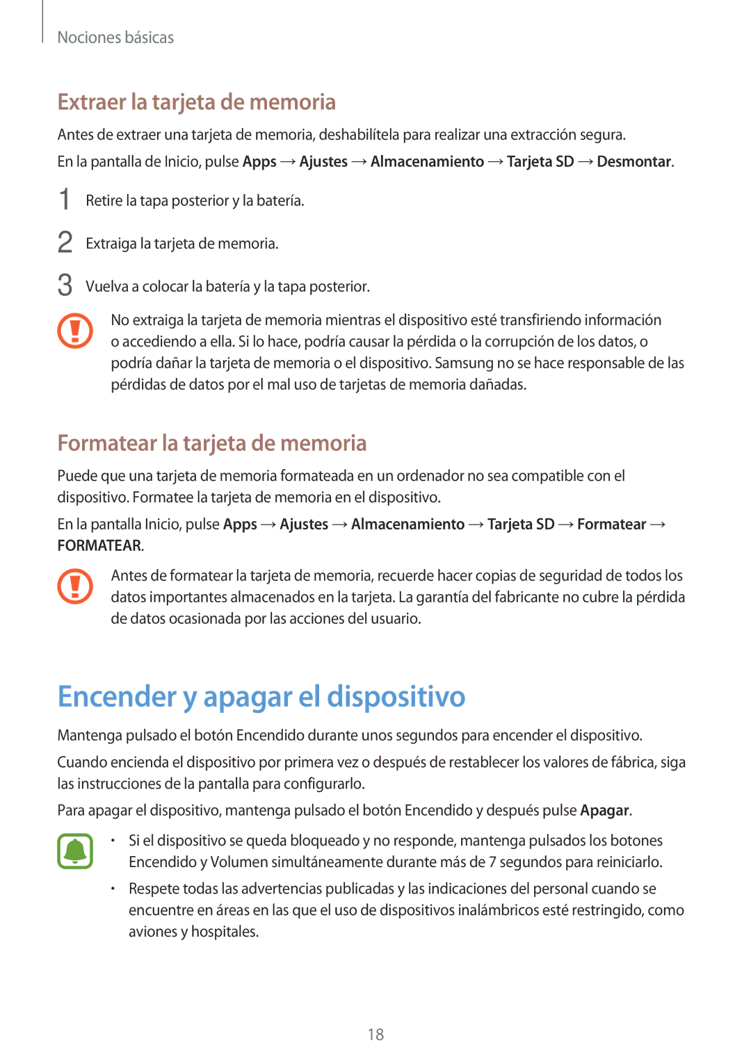 Samsung SM-J500FZWDROM Encender y apagar el dispositivo, Extraer la tarjeta de memoria, Formatear la tarjeta de memoria 