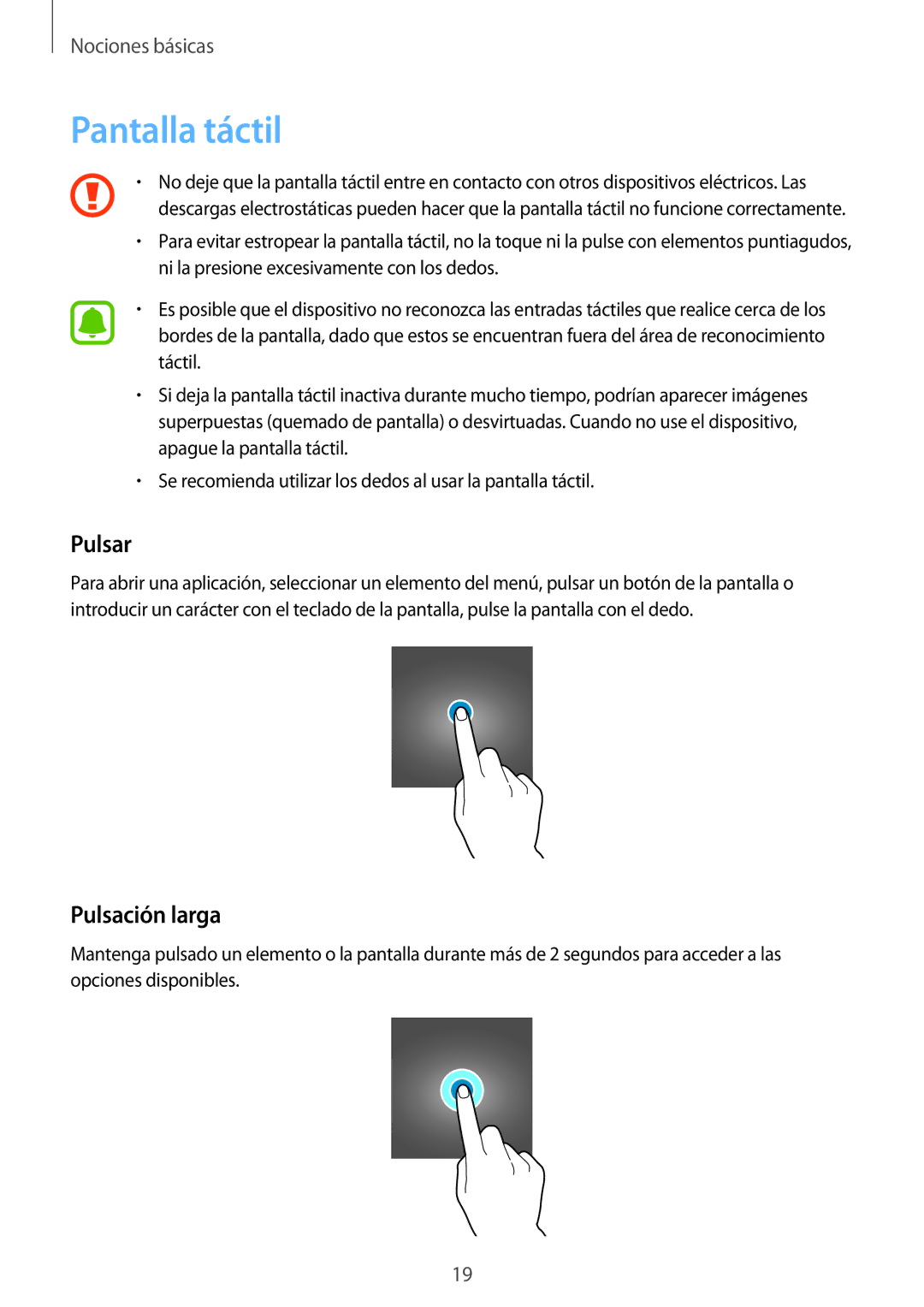 Samsung SM-J500FZWDMWD, SM-J500FZWDTPH, SM-J500FZKDTPH, SM-J500FZDDTPH manual Pantalla táctil, Pulsar, Pulsación larga 