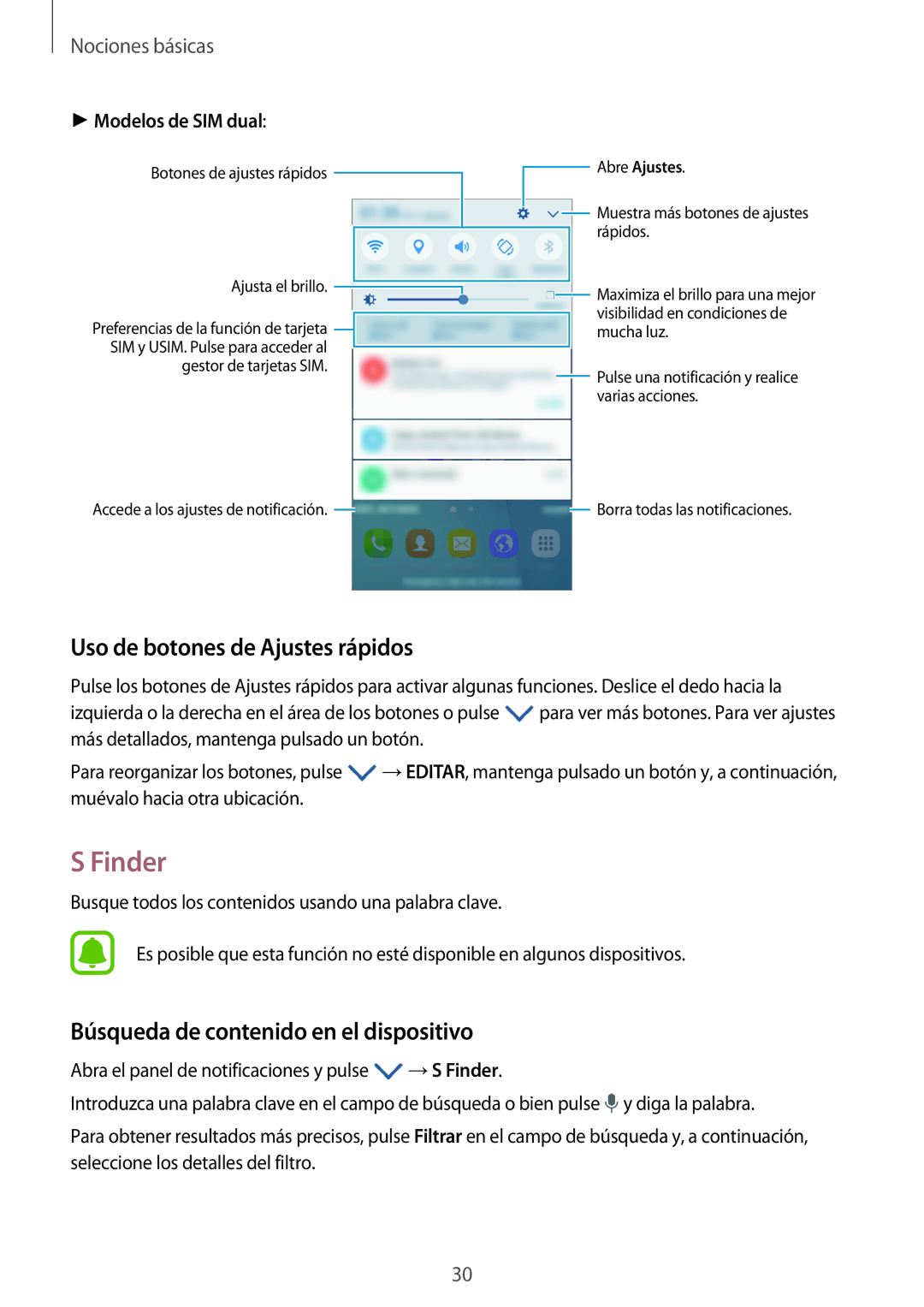 Samsung SM-J500FZWDMWD, SM-J500FZWDTPH Finder, Uso de botones de Ajustes rápidos, Búsqueda de contenido en el dispositivo 