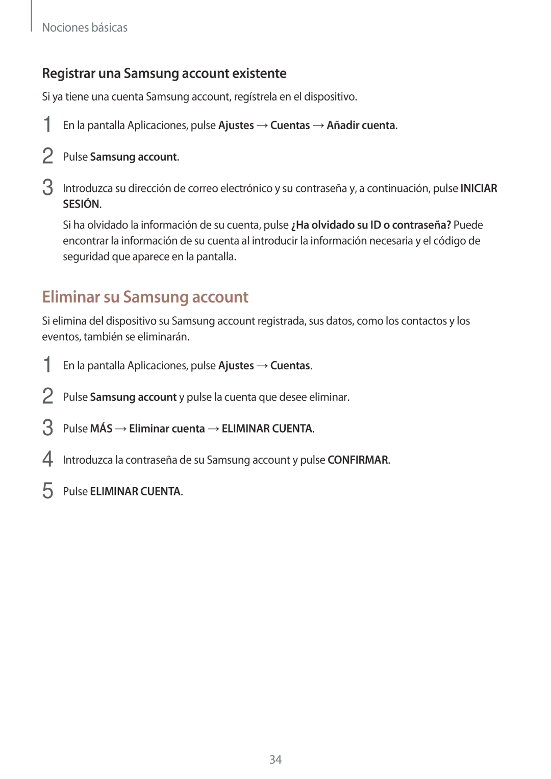 Samsung SM-J500FZKDTPH manual Eliminar su Samsung account, Registrar una Samsung account existente, Pulse Samsung account 