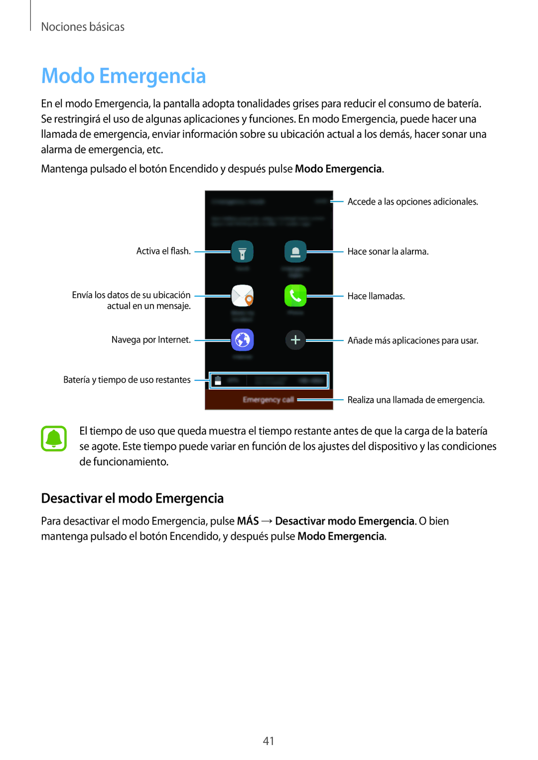 Samsung SM-J500FZWDMWD, SM-J500FZWDTPH, SM-J500FZKDTPH, SM-J500FZDDTPH manual Modo Emergencia, Desactivar el modo Emergencia 