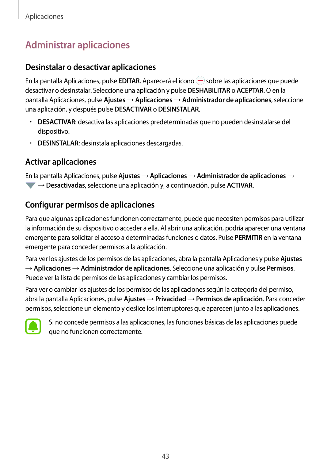 Samsung SM-J500FZDDETL manual Administrar aplicaciones, Desinstalar o desactivar aplicaciones, Activar aplicaciones 