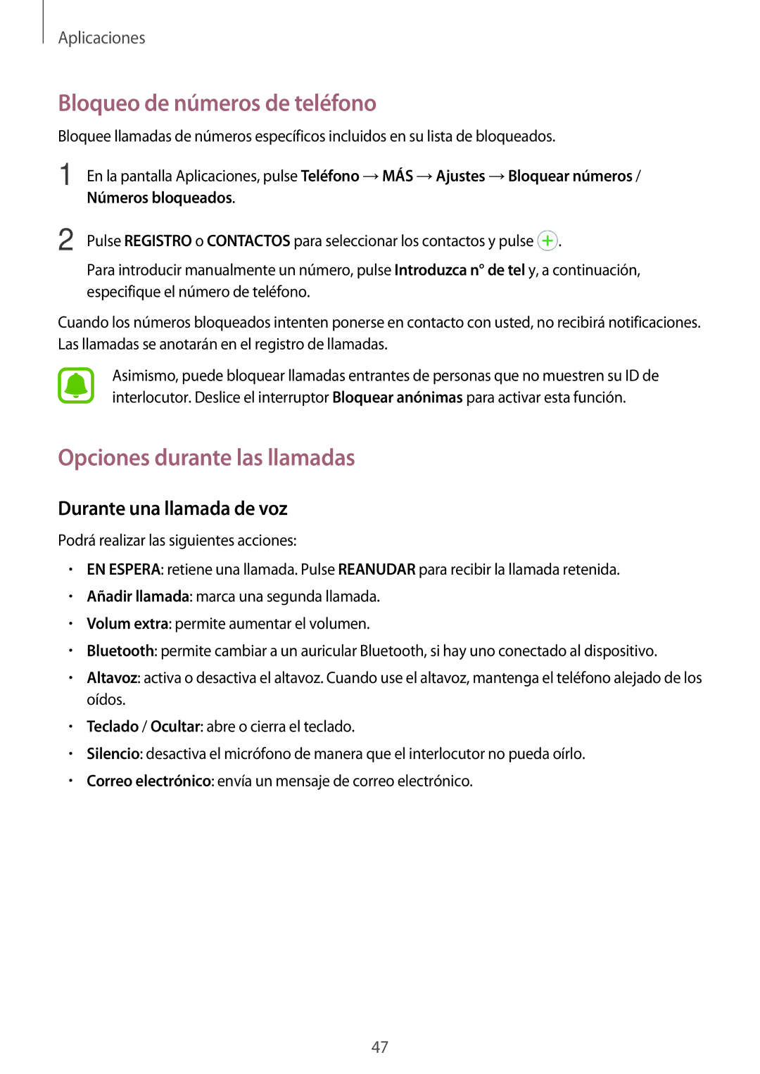 Samsung SM-J500FZKDMWD manual Bloqueo de números de teléfono, Opciones durante las llamadas, Durante una llamada de voz 