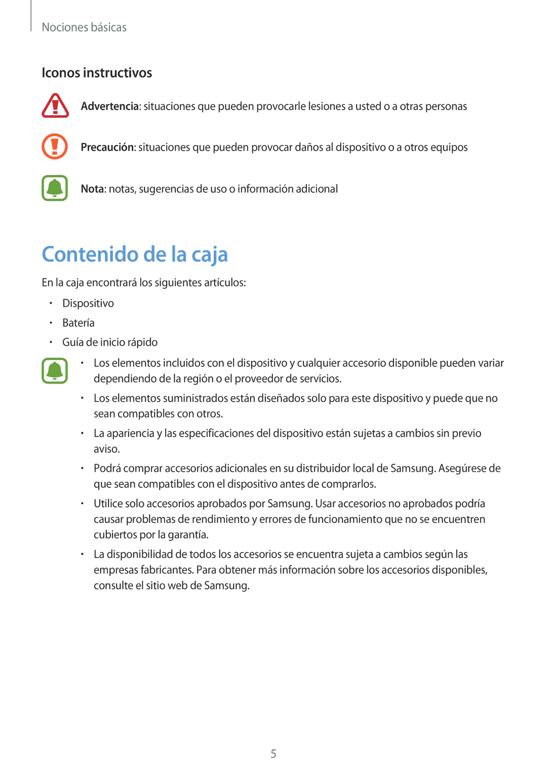 Samsung SM-J500FZDAPHE, SM-J500FZWDTPH, SM-J500FZKDTPH, SM-J500FZDDTPH manual Contenido de la caja, Iconos instructivos 