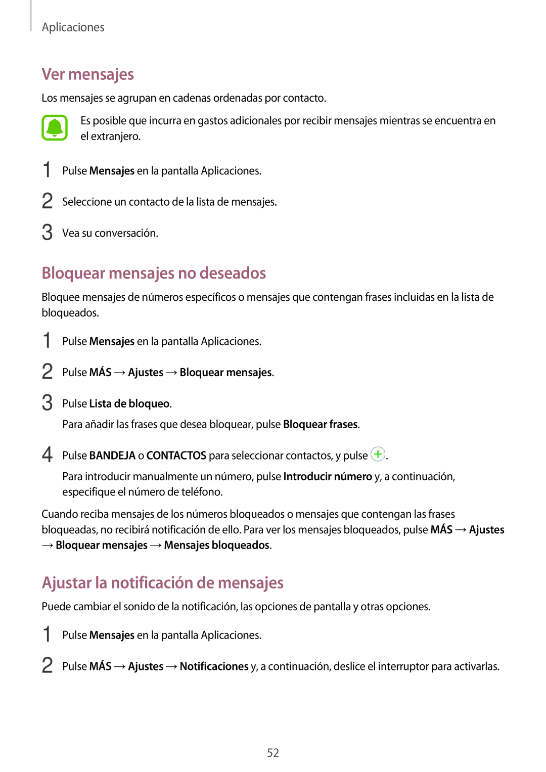 Samsung SM-J500FZWDMWD, SM-J500FZWDTPH Ver mensajes, Bloquear mensajes no deseados, Ajustar la notificación de mensajes 