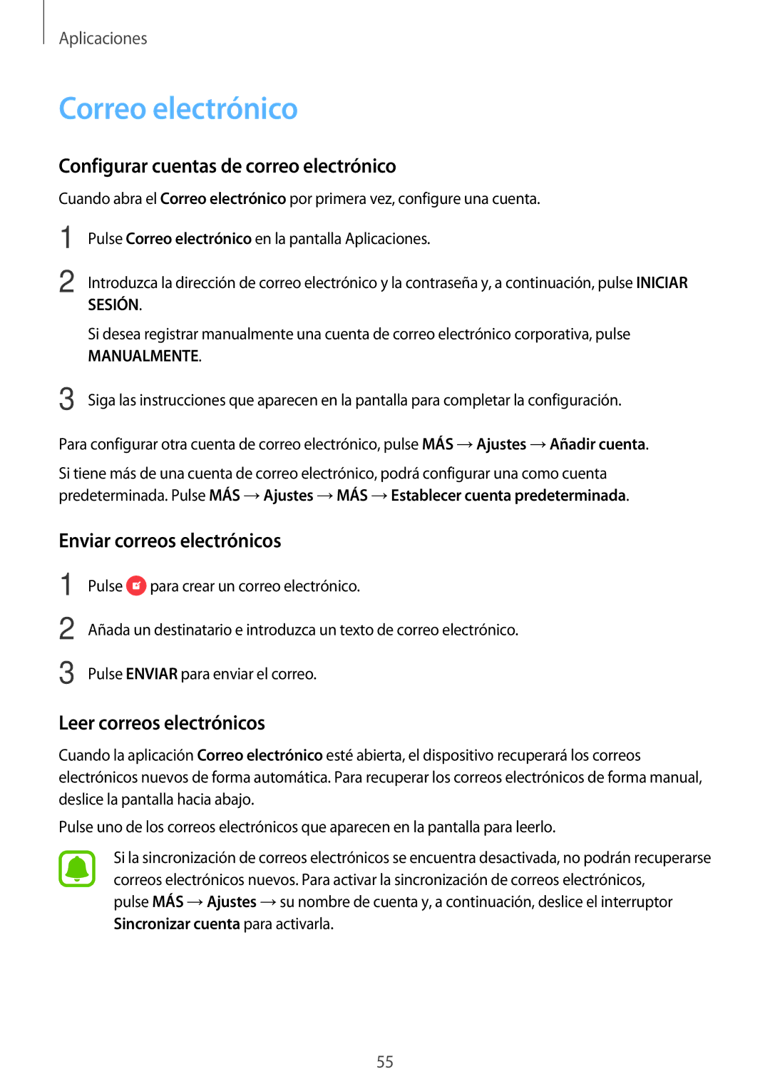 Samsung SM-J500FZWDTPH manual Correo electrónico, Configurar cuentas de correo electrónico, Enviar correos electrónicos 