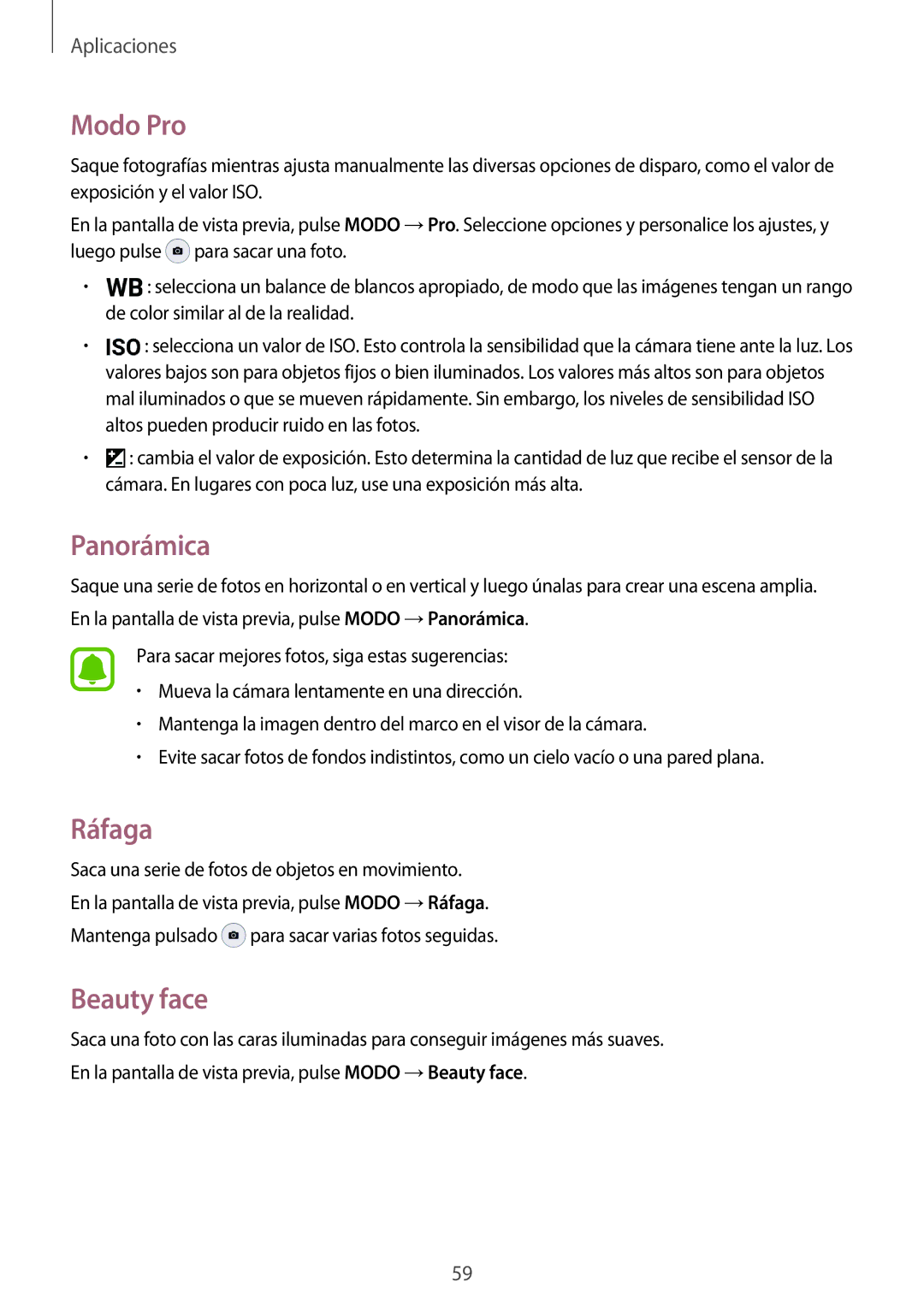 Samsung SM-J500FZWAPHE, SM-J500FZWDTPH, SM-J500FZKDTPH, SM-J500FZDDTPH manual Modo Pro, Panorámica, Ráfaga, Beauty face 