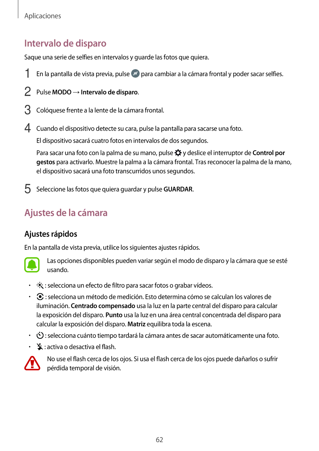 Samsung SM-J500FZWDROM, SM-J500FZWDTPH manual Ajustes de la cámara, Ajustes rápidos, Pulse Modo →Intervalo de disparo 