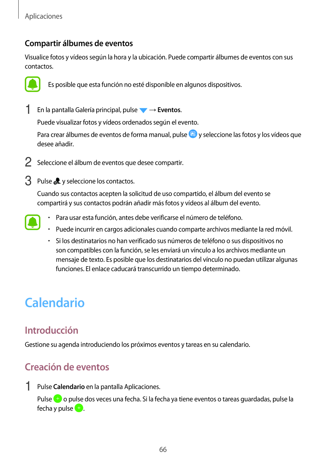 Samsung SM-J500FZWDTPH, SM-J500FZKDTPH, SM-J500FZDDTPH manual Calendario, Creación de eventos, Compartir álbumes de eventos 