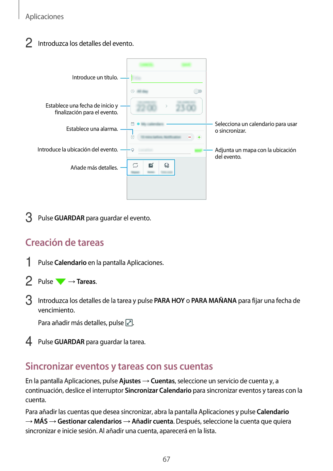 Samsung SM-J500FZKDTPH, SM-J500FZWDTPH, SM-J500FZDDTPH Creación de tareas, Sincronizar eventos y tareas con sus cuentas 