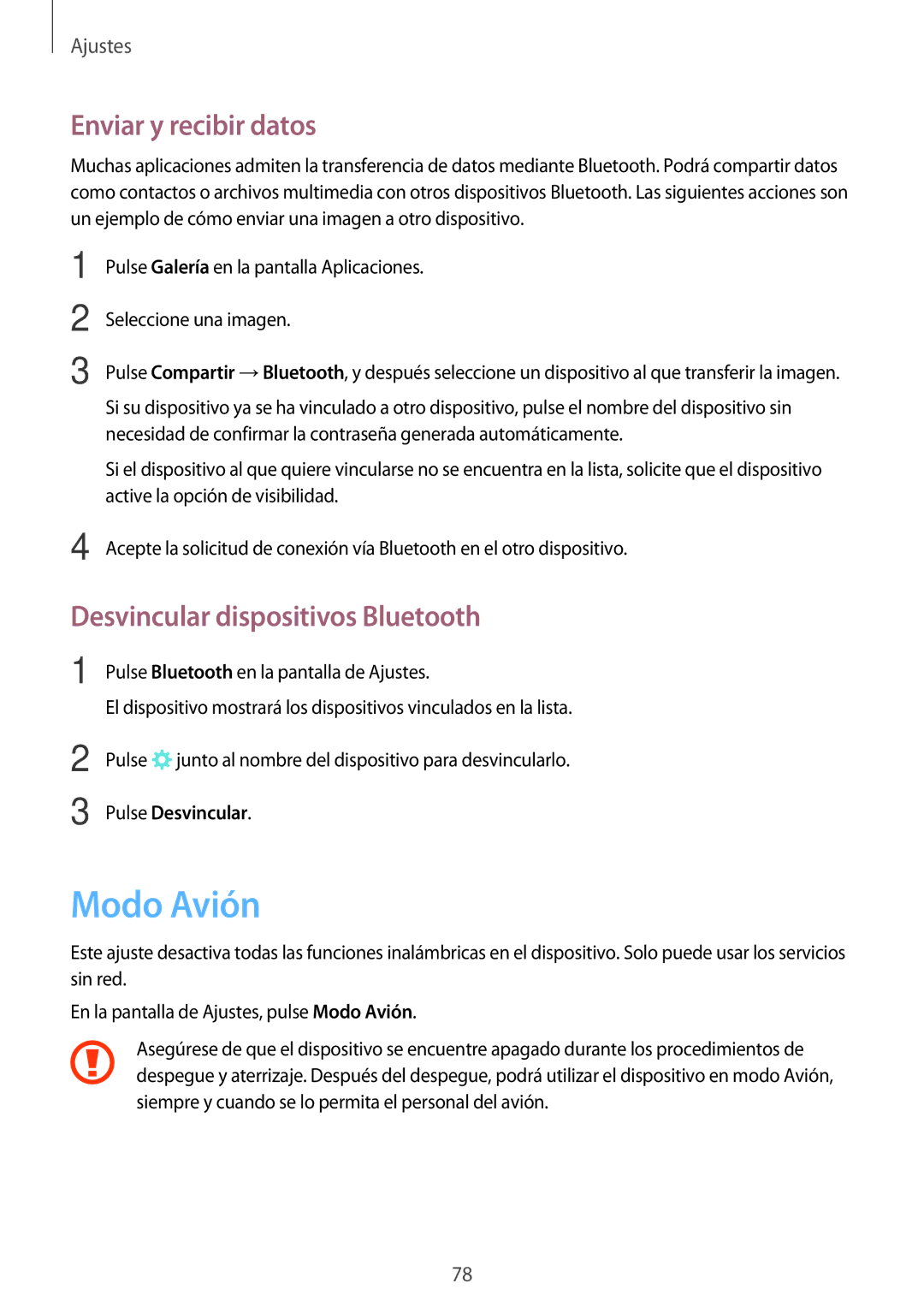 Samsung SM-J500FZKDTPH manual Modo Avión, Enviar y recibir datos, Desvincular dispositivos Bluetooth, Pulse Desvincular 