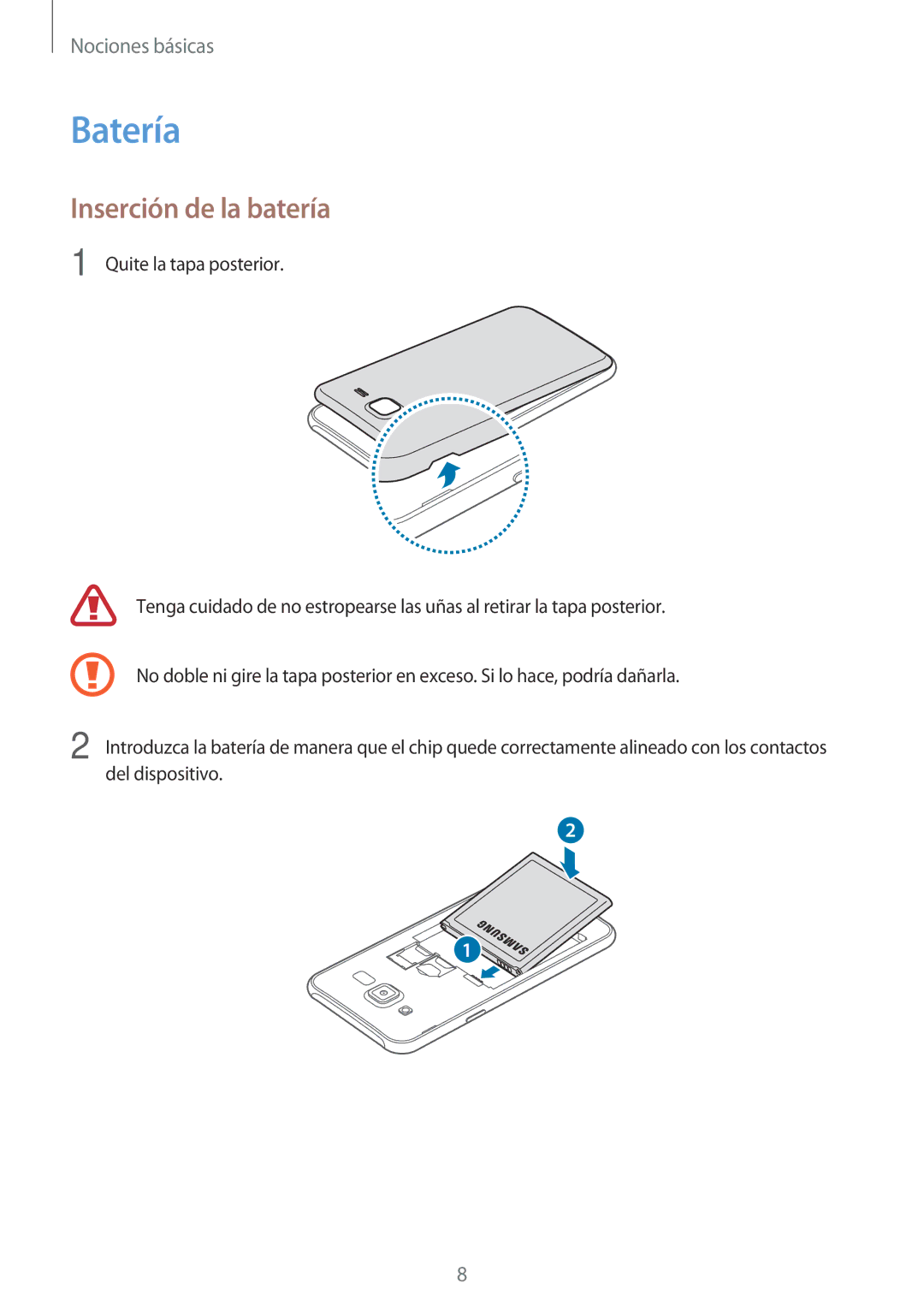 Samsung SM-J500FZWDMWD, SM-J500FZWDTPH, SM-J500FZKDTPH, SM-J500FZDDTPH, SM-J500FZKDMWD manual Batería, Inserción de la batería 