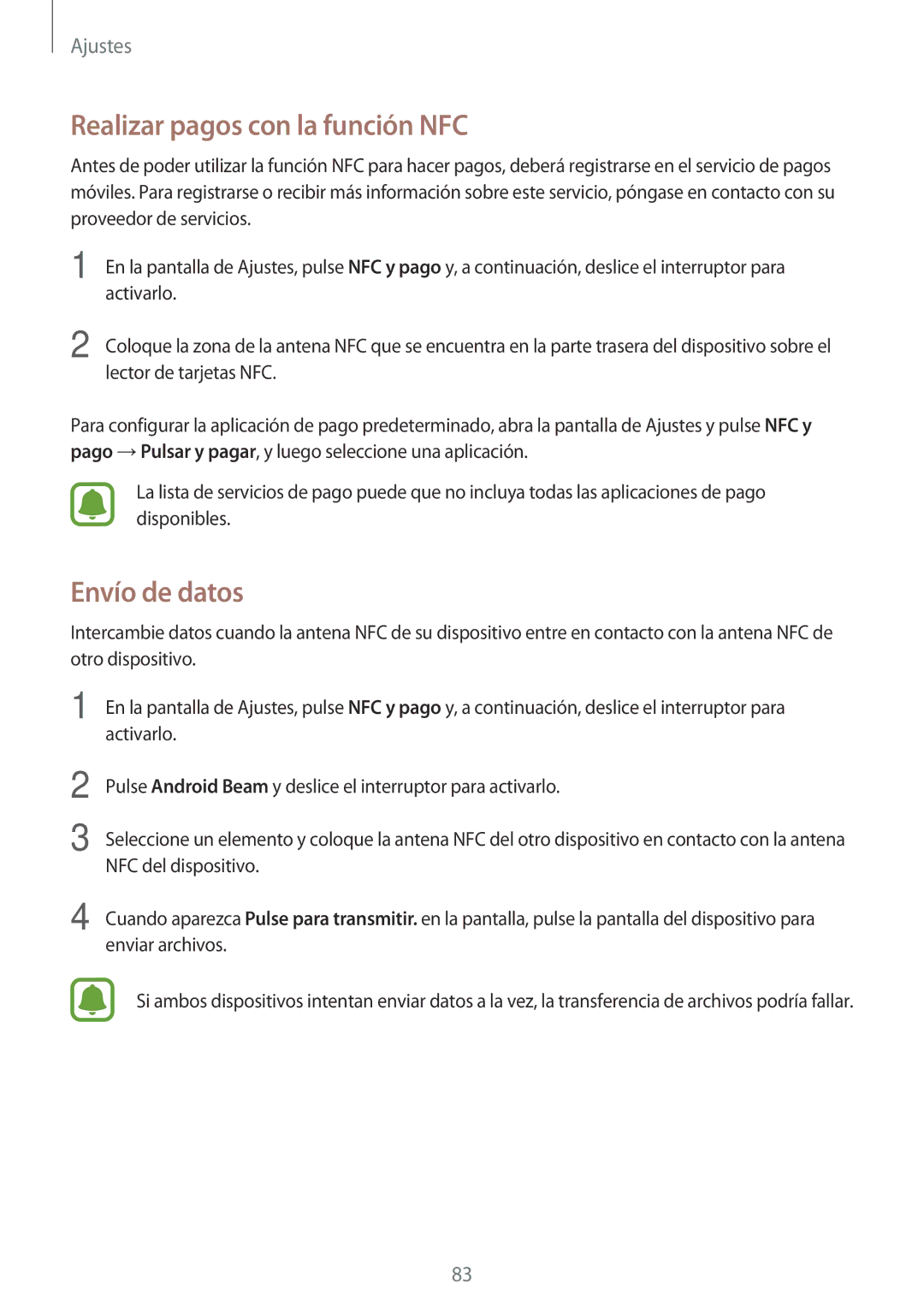 Samsung SM-J500FZKAPHE, SM-J500FZWDTPH, SM-J500FZKDTPH, SM-J500FZDDTPH Realizar pagos con la función NFC, Envío de datos 