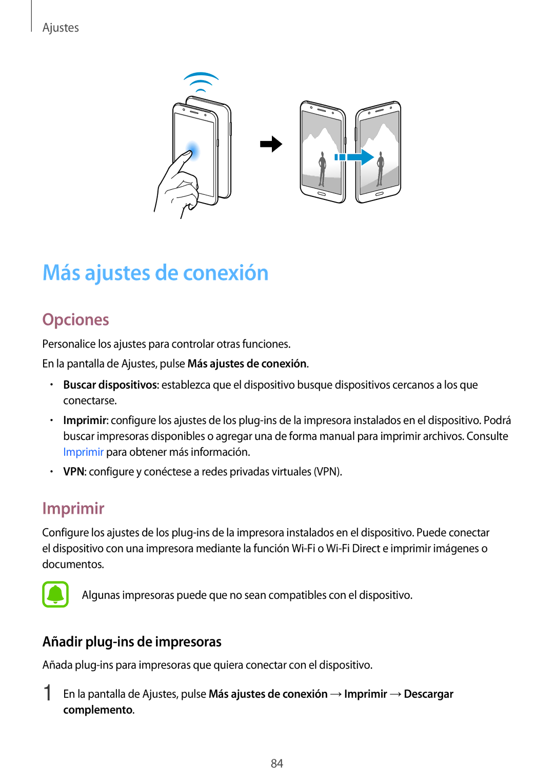 Samsung SM-J500FZWDROM, SM-J500FZWDTPH manual Más ajustes de conexión, Opciones, Imprimir, Añadir plug-ins de impresoras 