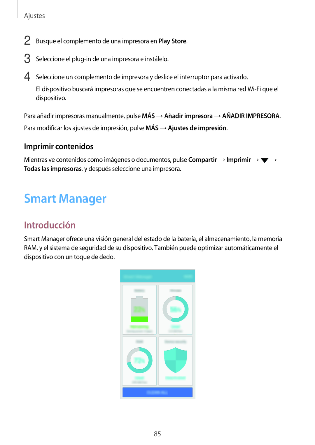 Samsung SM-J500FZWDMWD, SM-J500FZWDTPH, SM-J500FZKDTPH, SM-J500FZDDTPH, SM-J500FZKDMWD Smart Manager, Imprimir contenidos 