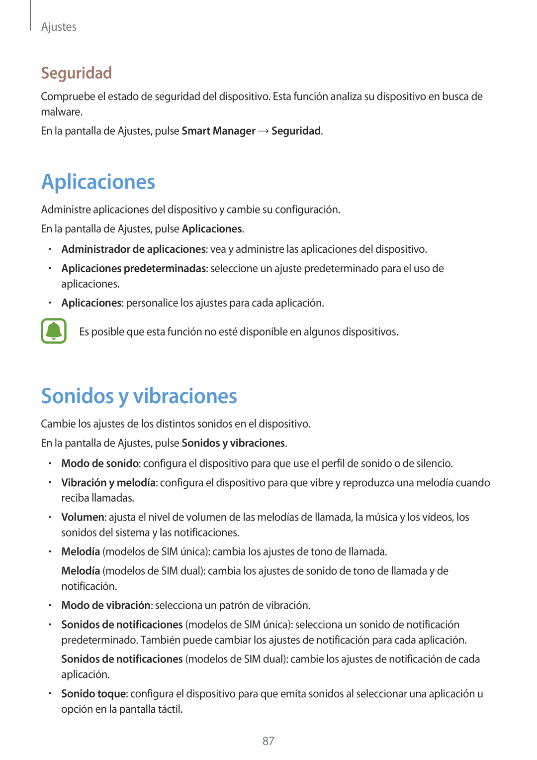 Samsung SM-J500FZDDETL, SM-J500FZWDTPH, SM-J500FZKDTPH, SM-J500FZDDTPH manual Aplicaciones, Sonidos y vibraciones, Seguridad 