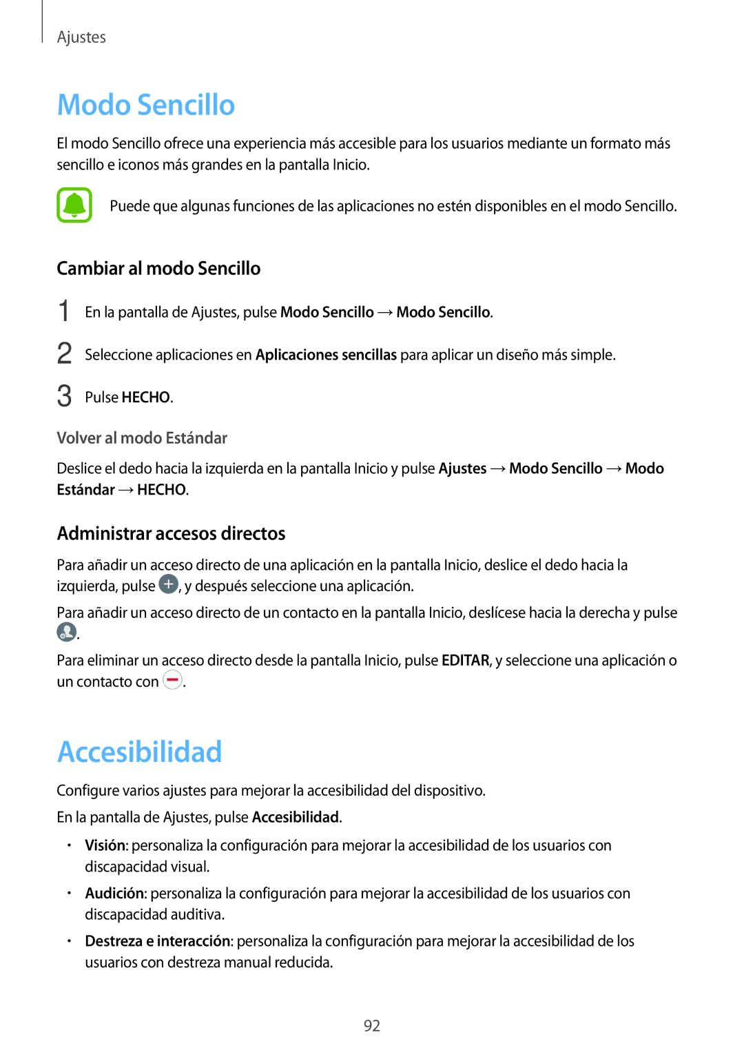 Samsung SM-J500FZWAPHE manual Modo Sencillo, Accesibilidad, Cambiar al modo Sencillo, Administrar accesos directos 