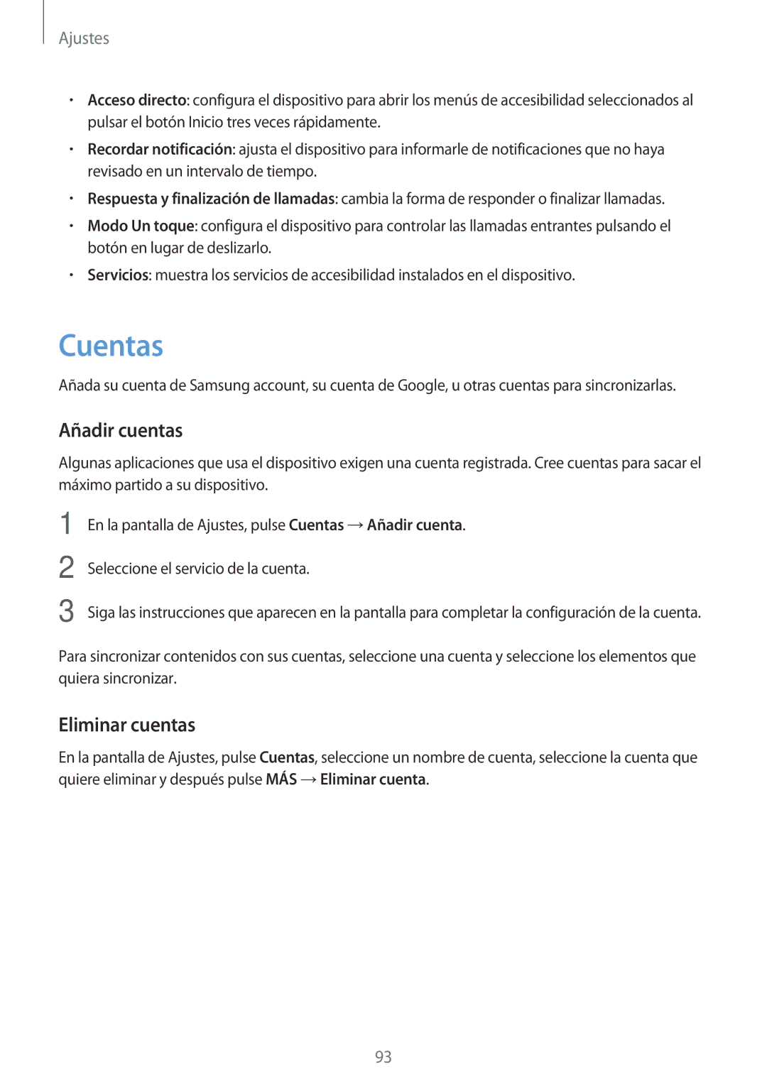 Samsung SM-J500FZDAPHE, SM-J500FZWDTPH, SM-J500FZKDTPH, SM-J500FZDDTPH manual Cuentas, Añadir cuentas, Eliminar cuentas 