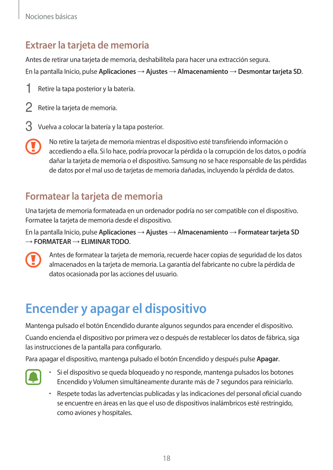 Samsung SM-J500FZWDROM Encender y apagar el dispositivo, Extraer la tarjeta de memoria, Formatear la tarjeta de memoria 