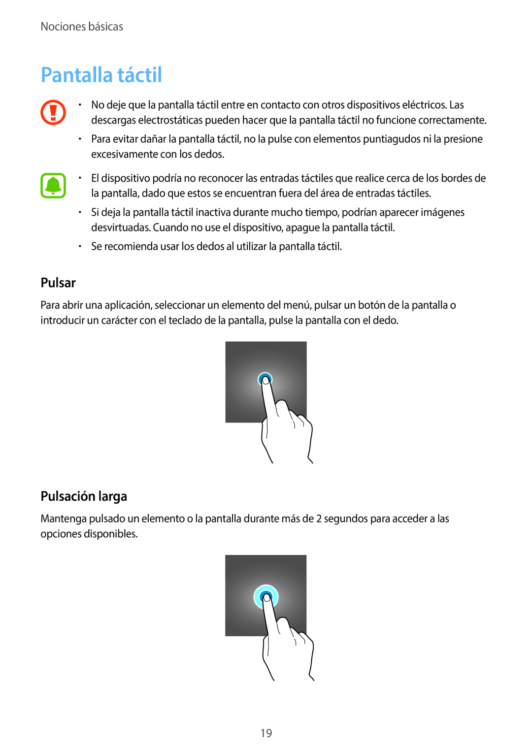 Samsung SM-J500FZWDMWD, SM-J500FZWDTPH, SM-J500FZKDTPH, SM-J500FZDDTPH manual Pantalla táctil, Pulsar, Pulsación larga 