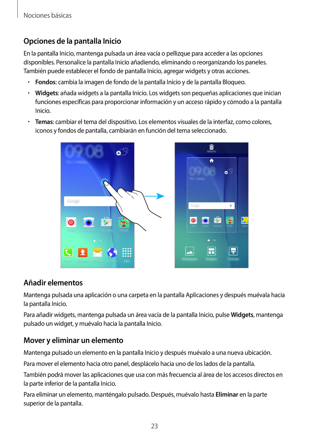 Samsung SM-J500FZKDTPH, SM-J500FZWDTPH manual Opciones de la pantalla Inicio, Añadir elementos, Mover y eliminar un elemento 