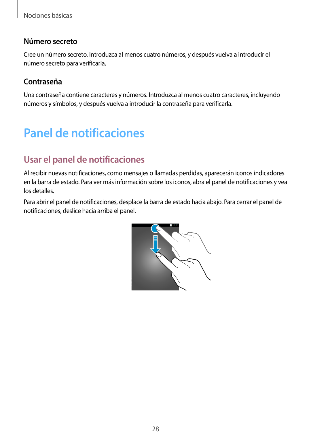 Samsung SM-J500FZKAPHE manual Panel de notificaciones, Usar el panel de notificaciones, Número secreto, Contraseña 