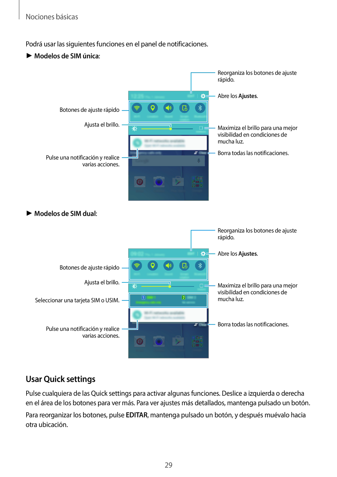 Samsung SM-J500FZWDROM, SM-J500FZWDTPH, SM-J500FZKDTPH, SM-J500FZDDTPH manual Usar Quick settings, Modelos de SIM única 