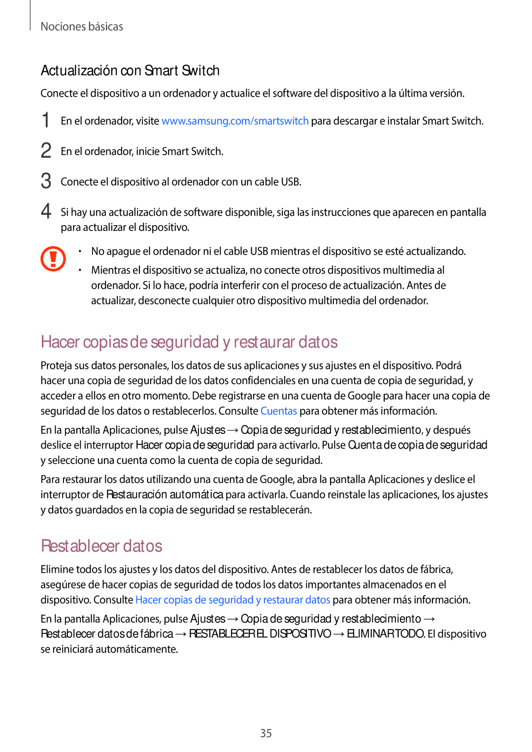 Samsung SM-J500FZDDTPH Hacer copias de seguridad y restaurar datos, Restablecer datos, Actualización con Smart Switch 