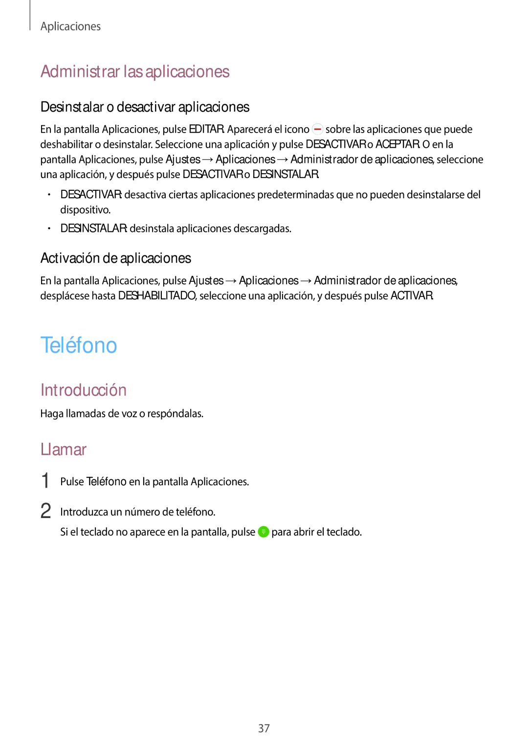 Samsung SM-J500FZWAPHE, SM-J500FZWDTPH, SM-J500FZKDTPH manual Teléfono, Administrar las aplicaciones, Introducción, Llamar 